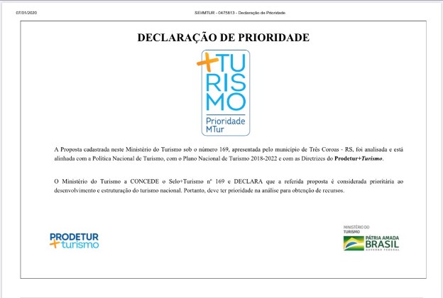 Três Coroas recebe Selo + Turismo do Governo Federal